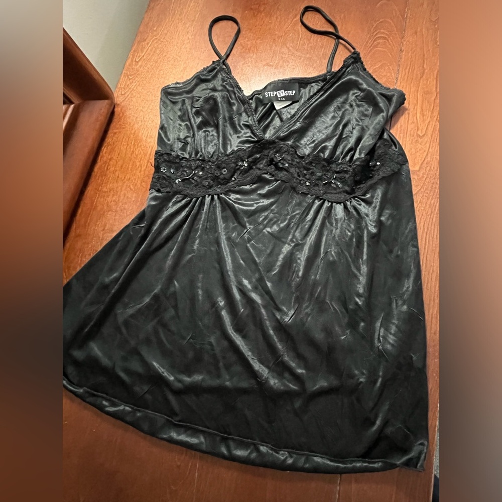Satin silky tank babydoll camisole black